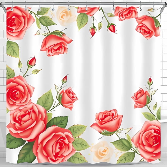 Elegant Floral Shower Curtain with Red and Cream Roses on White Background Perfect Bathroom Decor