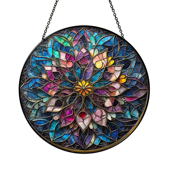 Elegant Floral Stained Glass Round Window Panel – Intricate Design Glass Art, Handmade Home Decoration Gift