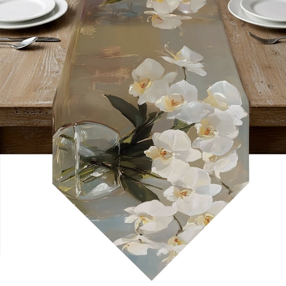 Elegant Floral Table Runner Linen Burlap Table Runner 36 Inches Small Glass Vase Spring Flowers Botanical Dresser Scarves for Kitchen Island Coffee Dining Room Party Wedding Holiday Decor 13"x36"