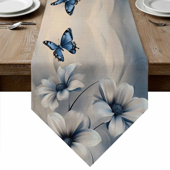 Elegant Floral Table Runner Linen Burlap Table Runner 36 Inches Small Modern Blue Butterfly Flowers Burlap Dresser Scarves for Kitchen Island Coffee Dining Party Wedding Banquet Holiday Decor 13"x36"