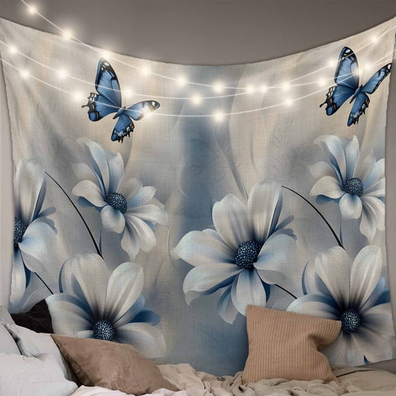 Elegant Floral Tapestry for Bedroom Wall Hanging Tapestry, Modern Blue Butterfly Flowers Burlap Ceiling Backdrop Tapestries Poster Blanket Wall Decor for Teens Room Living Room Dorm 39" x 59"