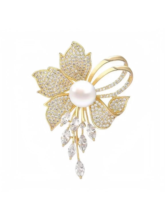 Elegant Floral Tassel Brooches and Pins for Women, Gold Plated Rhinestone Pearl Lapel Pin for Suit Jacket Dress, Vintage Jewelry Gift Gold