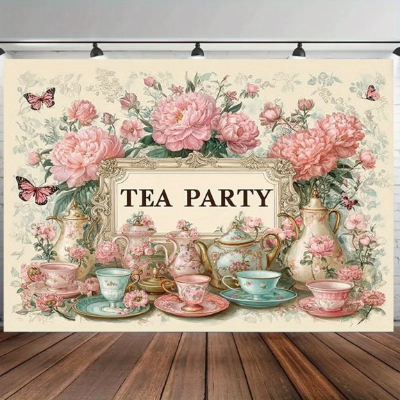 Elegant Floral Tea Party Polyester Backdrop Banner, Exquisite Flower Pattern Fabric Wall Hanging for Wedding, Birthday and Baby Shower, Portable Background for Indoor Outdoor 82.6x59 Inch