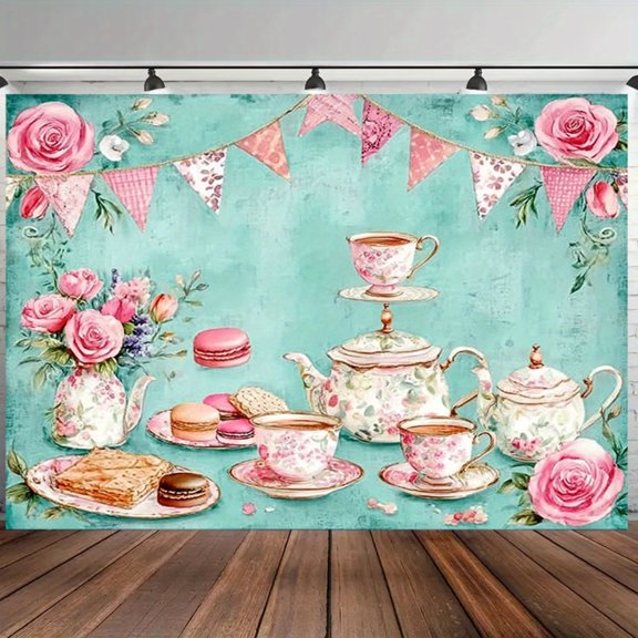 Elegant Floral Tea Party Polyester Photography Backdrop Banner, Classic Flower Pattern Fabric Wall Decor, Simple Hanging Structure for Birthday, Anniversary Indoor Outdoor Party 82.6x59 Inch