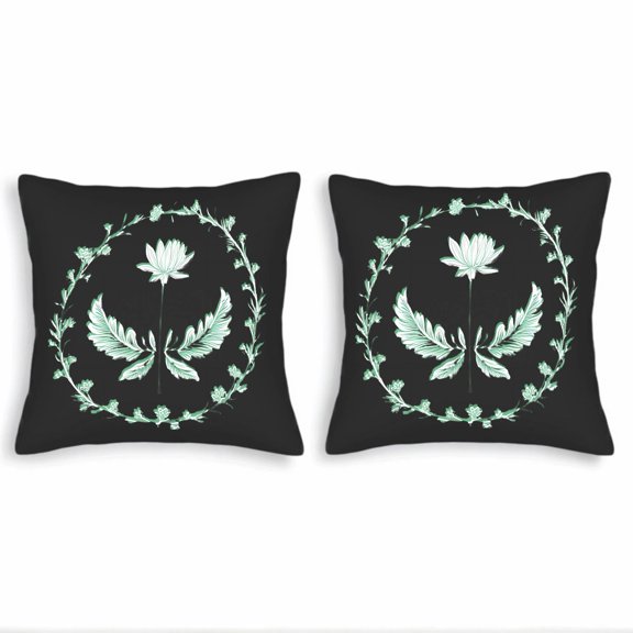 Elegant Floral Throw Pillow Covers 18x18in Set of 2 - Black Background with White Flower & Green Leaves Perfect for Couch Bed Car