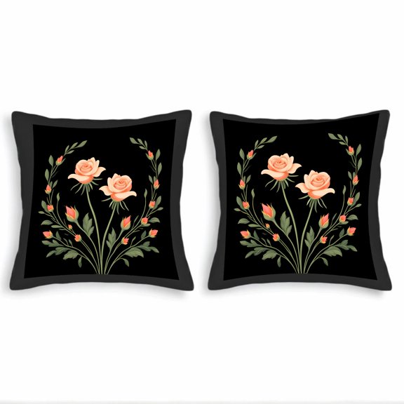 Elegant Floral Throw Pillow Covers Set of 2 18x18in Black Background with Peach Roses & Green Leaves Perfect for Couch Bed Car