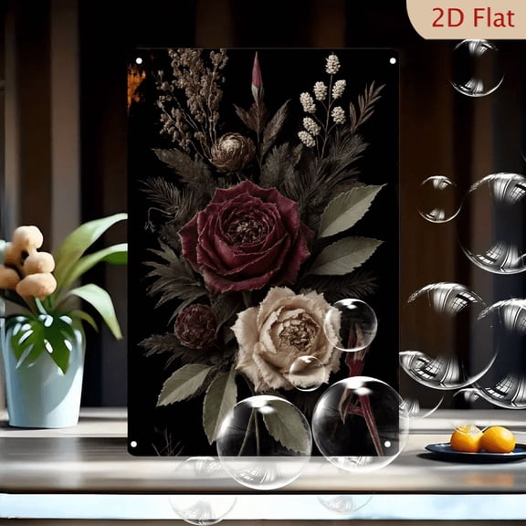 Elegant Floral Wall Art 8x12 Inches, Deep Burgundy Rose and Cream Bloom on Black Background, Moody Modern Digital Illustration with Foliage, Rustic Farmhouse Metal Tin Sign Decor