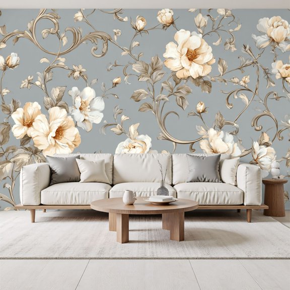 Elegant Floral Warm tan Wallpaper Soft Beige White Flowers Gray Peel and Stick Wall Murals 69"H x 96"W Removable PVC Wall Paper Self-Adhesive Wall Decor for Bedroom Living Room