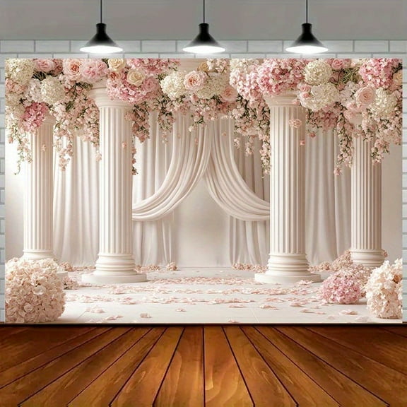 Elegant Floral Wedding Backdrop Romantic Pink Roses White Columns Bridal Shower Photography Background White Draped Curtains Engagement Wedding Party Decorations Banner Supplies Photo Booth Props