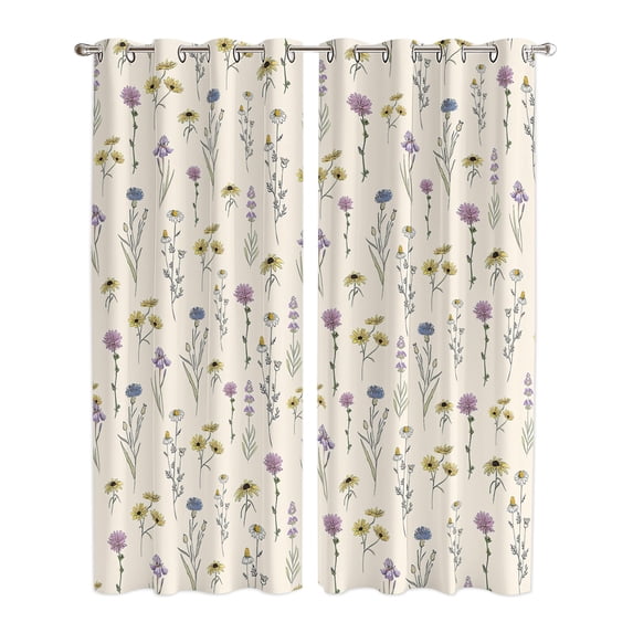 Elegant Floral Window Curtains Panels with Grommet, Watercolor Yellow Purple Blue Spring Botanical Kitchen Cafe Curtain Draperies Window Treatment Set for Living Room/Bedroom/Laundry/Bathroom, 104x96