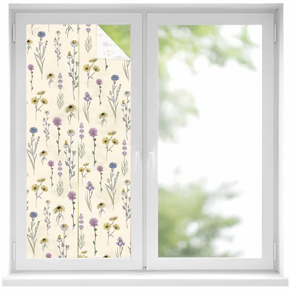 Elegant Floral Window Privacy Film, Watercolor Yellow Purple Blue Spring Botanical Static Cling UV Sun Blocking Heat Control Window Tint, Non-Adhesive One Way Windows Privacy Cover 17.7''x39.3''