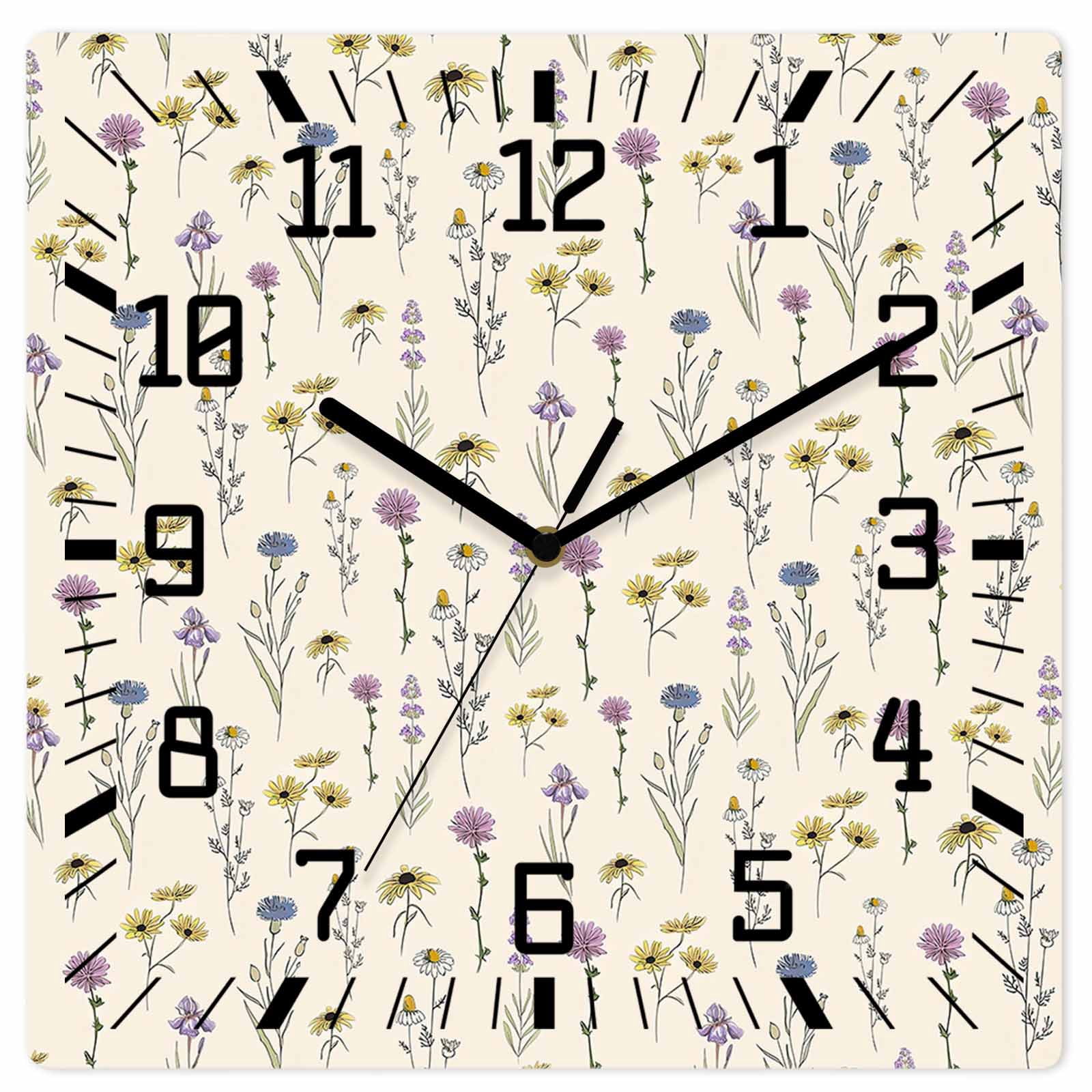 Elegant Floral Wooden Wall Clock Silent Non Ticking, Watercolor Yellow ...