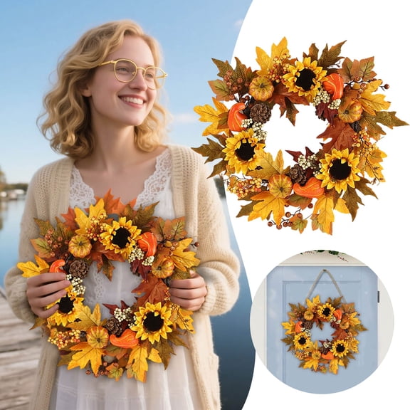 Elegant Floral Wreath For Front Door Year Round Seasonal Hanging Arrangement Home Wall For Halloween Thanksgiving Christmas(Yellow)