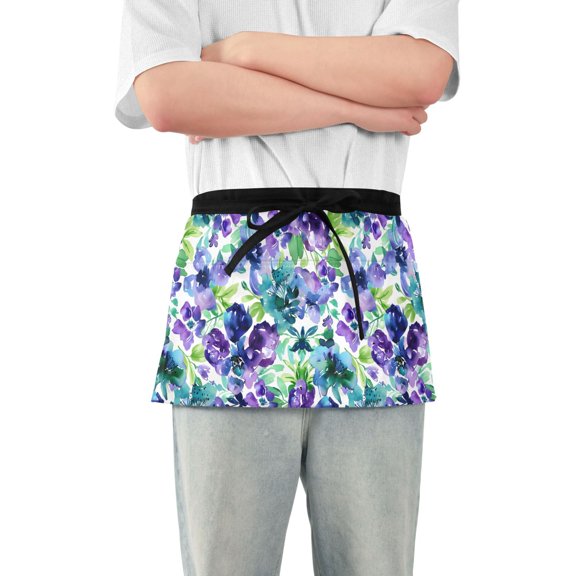 Elegant Floral and Green Leaves Server Apron with 3 Pockets Waterproof Waitress Waist Short Apron for Man Woman 12 Inches