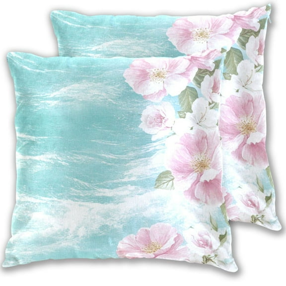 Elegant Floral on Aqua Waves 16x16in 2-Piece Cotton Fleece Throw Pillow Covers, Shrink Resistant, Hidden Zip