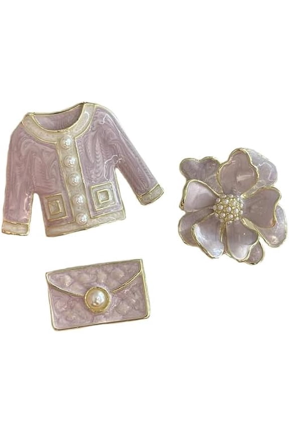Elegant Flower Imitation Pearl Brooch Pin Set Retro Enamel Coat Bag and Camellia Lapel Collar Brooches Pins Fashion Birthday Business Jewelry for Women Dress Suit Sweater Shirt Badge Accessory 3Pcs