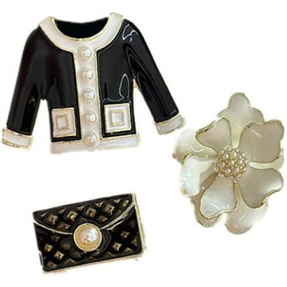 Elegant Flower Imitation Pearl Brooch Pin Set Retro Enamel Coat Bag and Camellia Lapel Collar Brooches Pins Fashion Birthday Business Jewelry for Women Dress Suit Sweater Shirt Badge Accessory 3Pcs