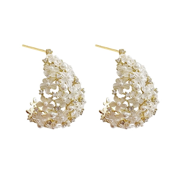 Elegant Flower Pearl Dangle Earrings for Women CZ Floral Half Hoops Cuffs Studs Chunky Statement Earring