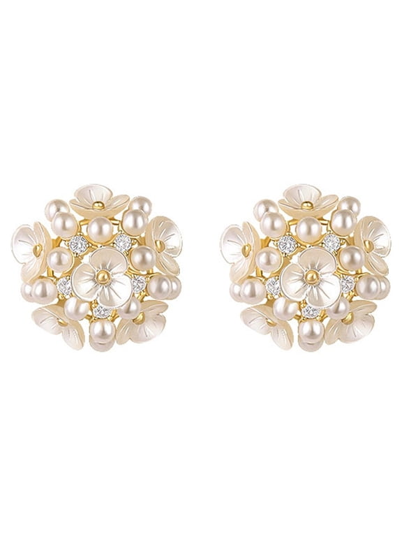 Elegant Flower Pearl Stud Earrings Sterling Silver Pins Cubic Zirconia Crystal Statement Studs for Women