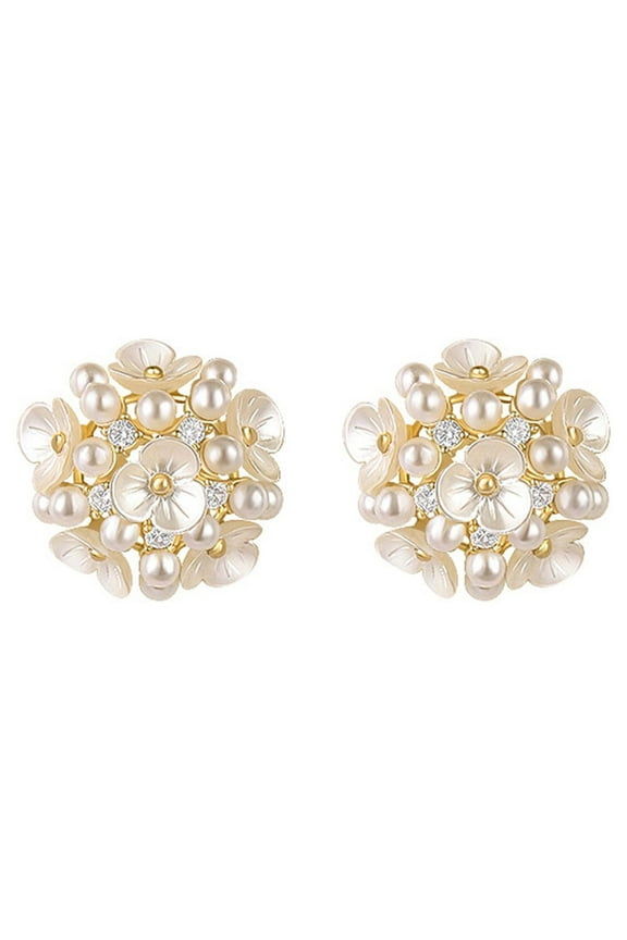 Elegant Flower Pearl Stud Earrings Sterling Silver Pins Cubic Zirconia Crystal Statement Studs for Women