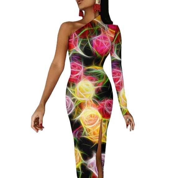 Elegant Flower Print Maxi Dress Long Sleeve Yellow Daffodil Bodycon Dress Autumn Party Long Dresses Female Design Vestido