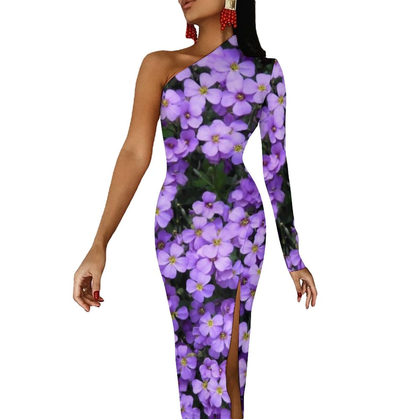 Elegant Flower Print Maxi Dress Long Sleeve Yellow Daffodil Bodycon ...