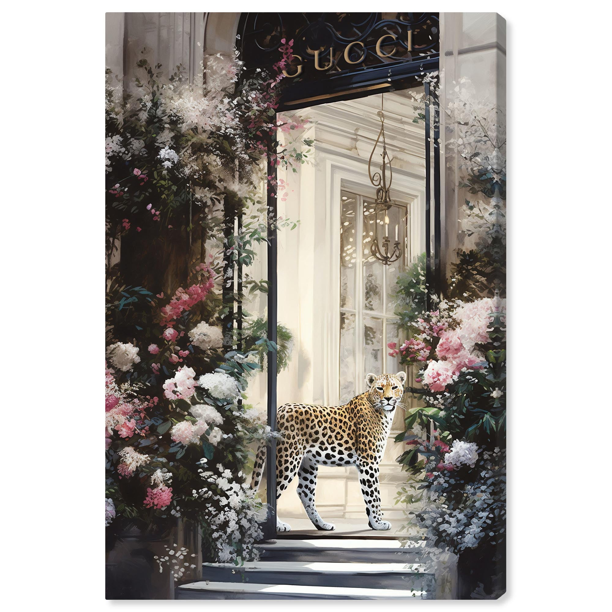 Large Floral and Leopard Canvas Wall Art in Beige and Green