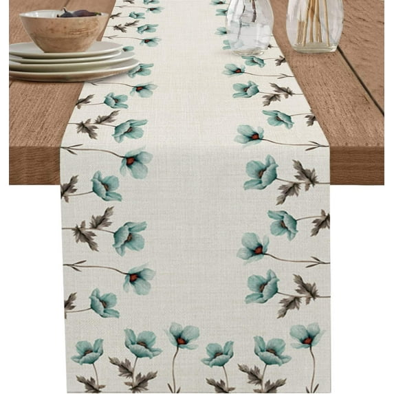 Elegant Flower Table Runner 120 Inches Long, Cotton Linen, Rustic Vintage Teal Tulip, Burlap Farmhouse Tablerunner, Ideal for Dresser/Dining/Party/Wedding