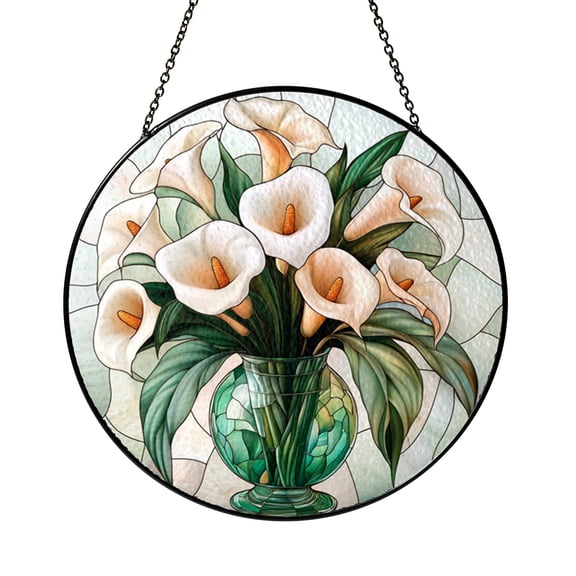 Elegant Flower Vase Faux Stained Glass Window Hanging