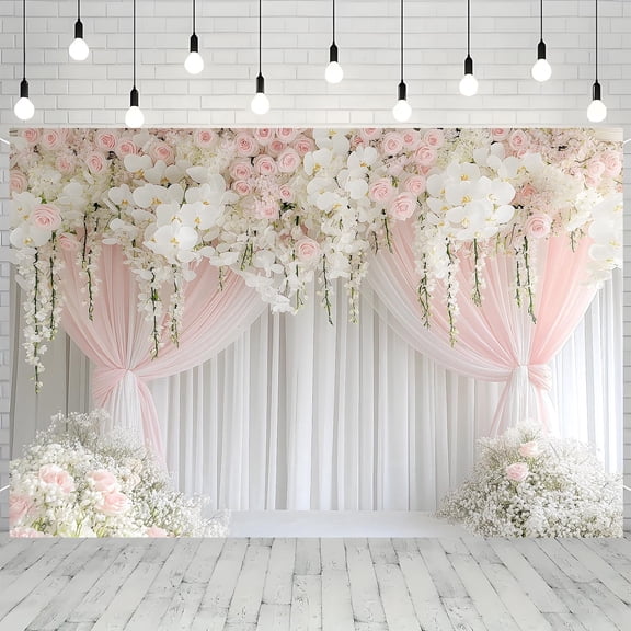 Elegant Flower Wedding Backdrop Pink Roses White Lilies Bridal Shower Photography Background White Pink Curtain Bride to Be Engagement Party Decorations Banner Supplies Photo Booth Props
