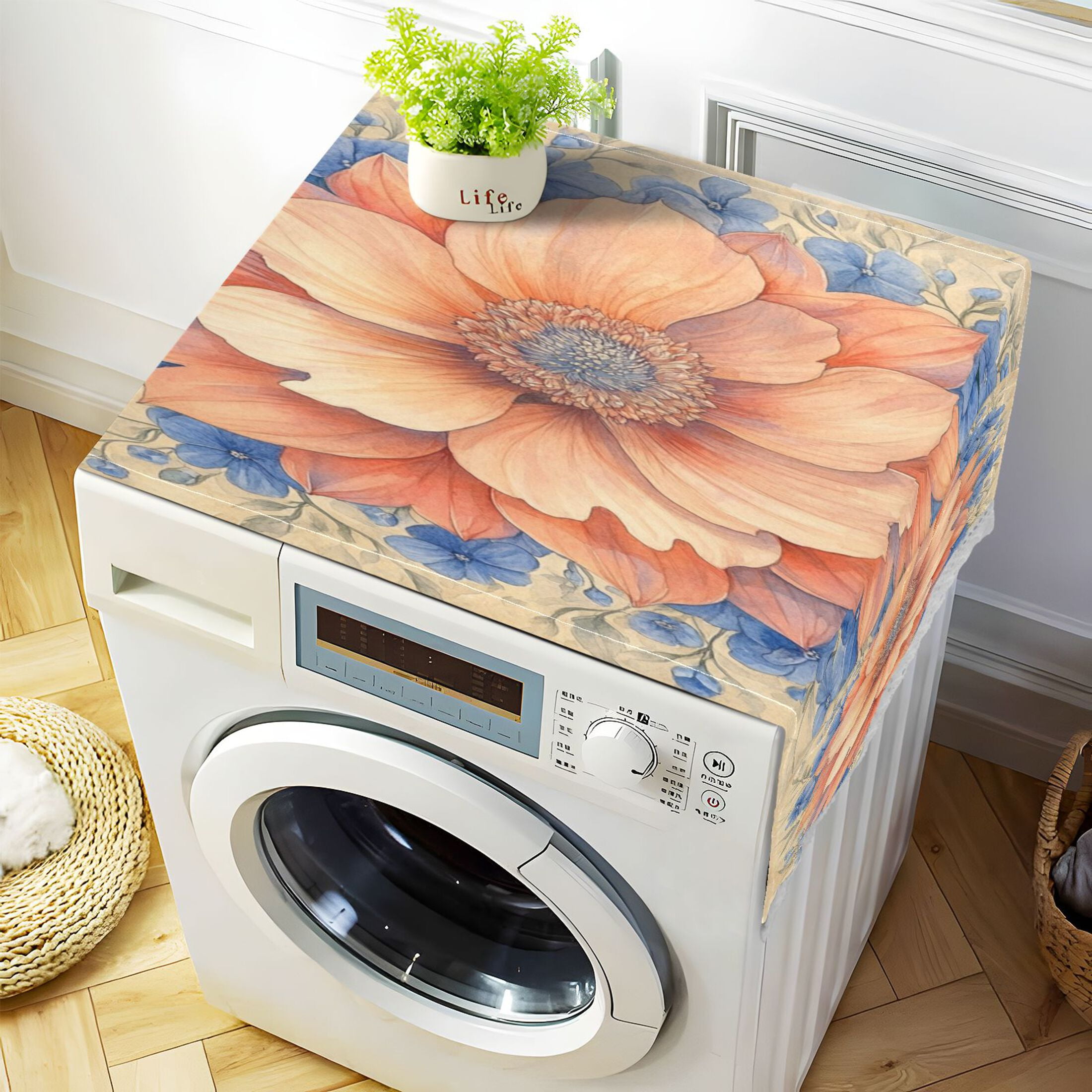 Elegant FlowerWasher and Dryer Covers Dust-Proof and Oil Resistant Fridge Cover with 4 Storage Pockets Washing Machine Top Cover for Laundry Kitchen Home 51.2 x 22 In