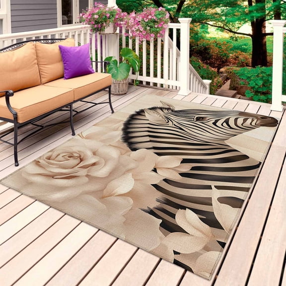 Elegant Flowers Outdoor Rug 5x8 Ft, Non Slip Washable Area Rug, Botanical Zebra Pattern Plant Black Patio Rugs Carpet Runner, Large Floor Mat for Indoor/Outdoor Deck Porch Camping