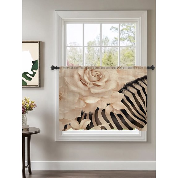 Elegant Flowers Sheer Curtains 45 Inch Long 1 Panel Botanical Zebra Pattern Plant Black Rod Pocket Voile Cafe Curtains Light Filtering Small Window Treatments for Kitchen Basement 52" x 45"