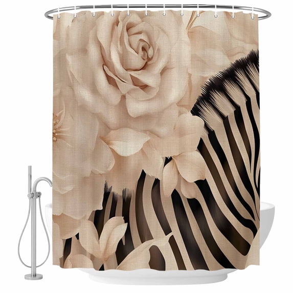 Elegant Flowers Shower Curtain Set - 48" x 72" Washable Bathtub Curtain with 12 Hooks, Botanical Zebra Pattern Plant Black Waterproof Fabric Stall Shower Curtains for Bathroom/Bathtub Décor