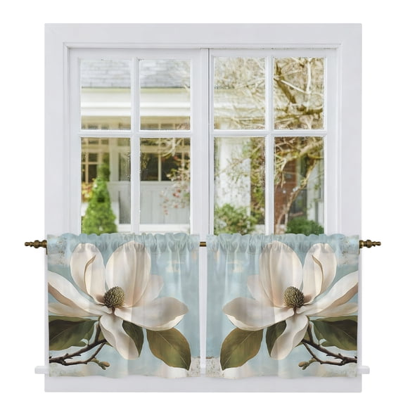 Elegant Flowers Tier Curtains 24 Inch Length, Luxury Spring Floral Teal Botanical Summer Cafe Short Curtains for Bathroom Over Sink, Small Kitchen Curtain Light Filtering Drapes 2 Panels 27.5"Wx24"L