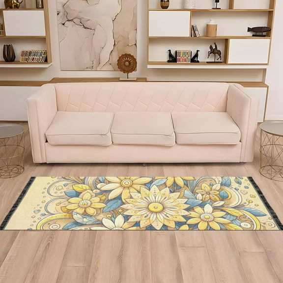 Elegant Flowers Yellow Runner Rug Non-Slip Area Rugs Linen Washable Non Shedding for Kitchen Bedroom Carpet