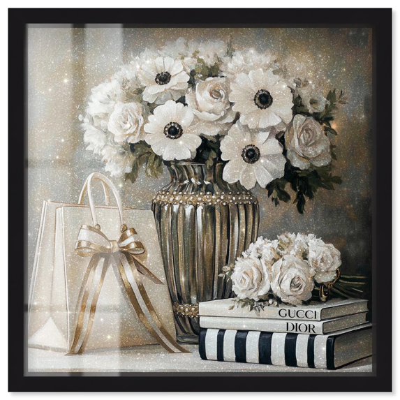 Elegant Flowers and Books Neutral Shadowbox Print Fashion Art Prints by Art Remedy, Black Frame, 24 x 24