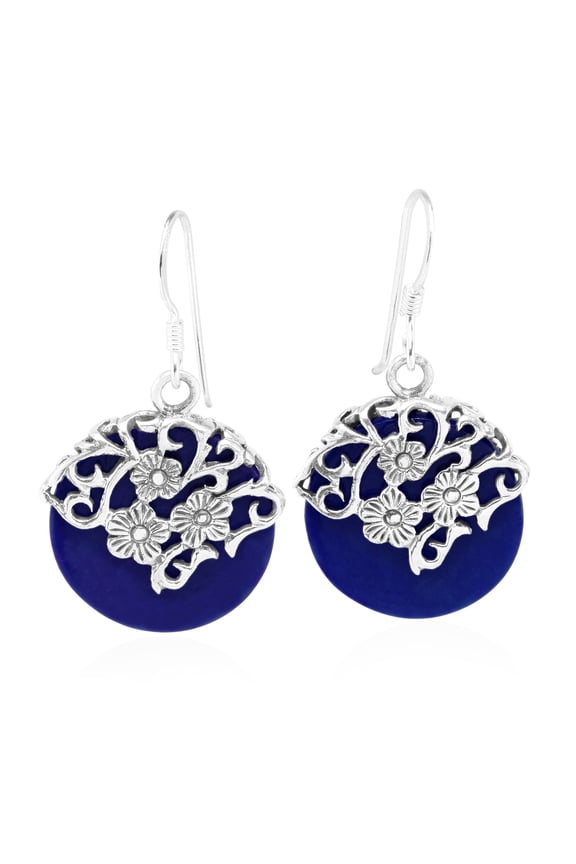 Elegant Flowers on a Vine Blue Lapis Circle Sterling Silver Dangle Earrings
