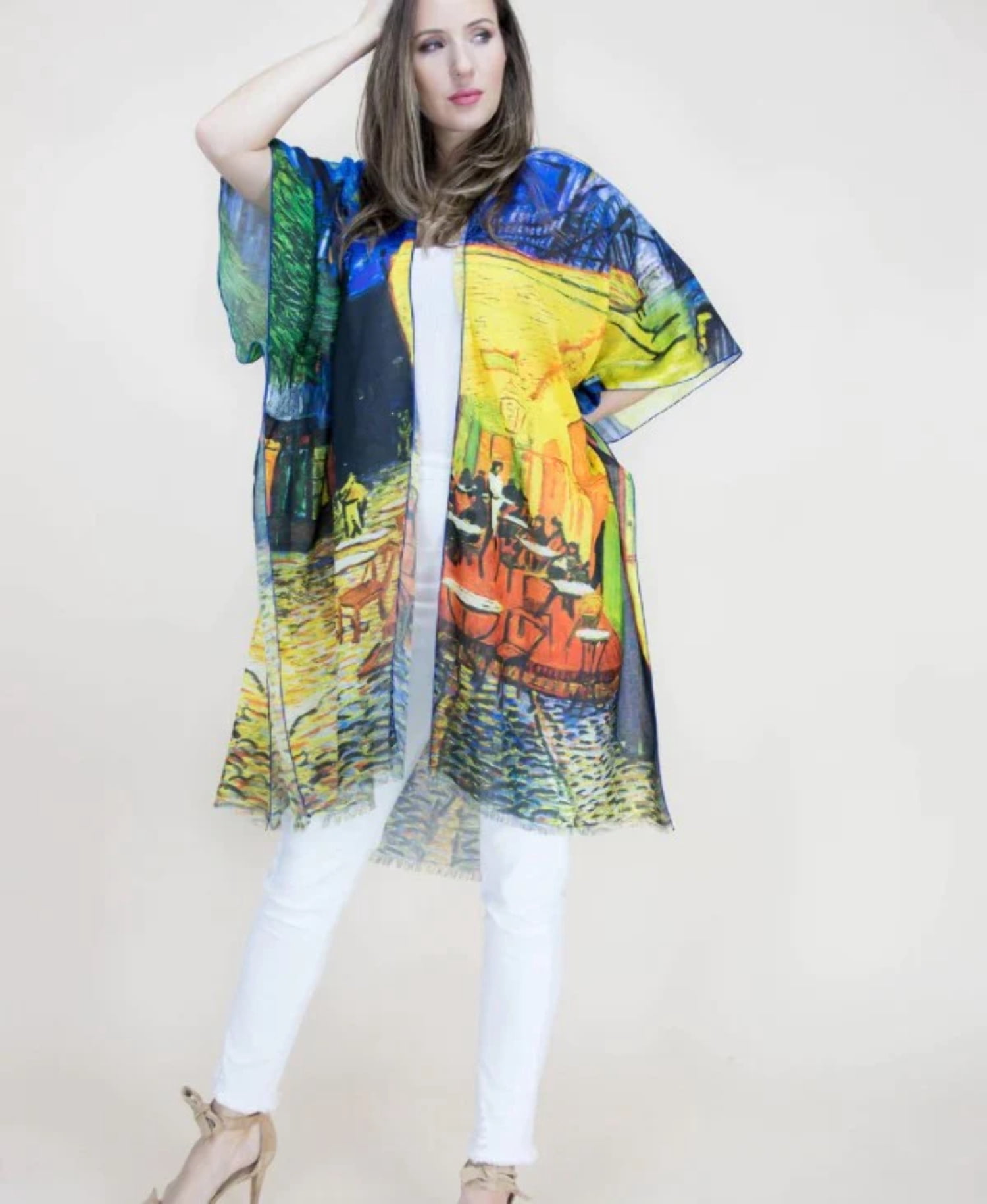 Flowing Polyester Robe Elegant Flowing Kimono Robe with Vibrant Artistic Print for a Touch of ...