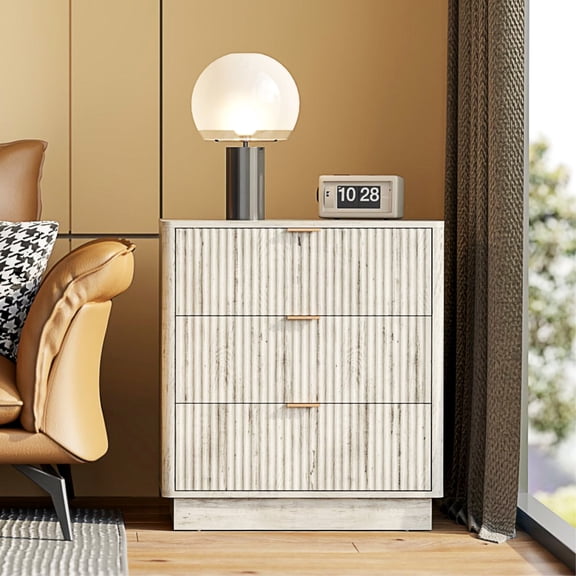 Elegant Fluted 3 Drawer Dresser, Wood Dressers with Round Edge Design, Small Shallow Dresser Chest, Mid Century Chests of Drawers for Bedroom, Cloest, Living Room, Hallway(Light Gray)