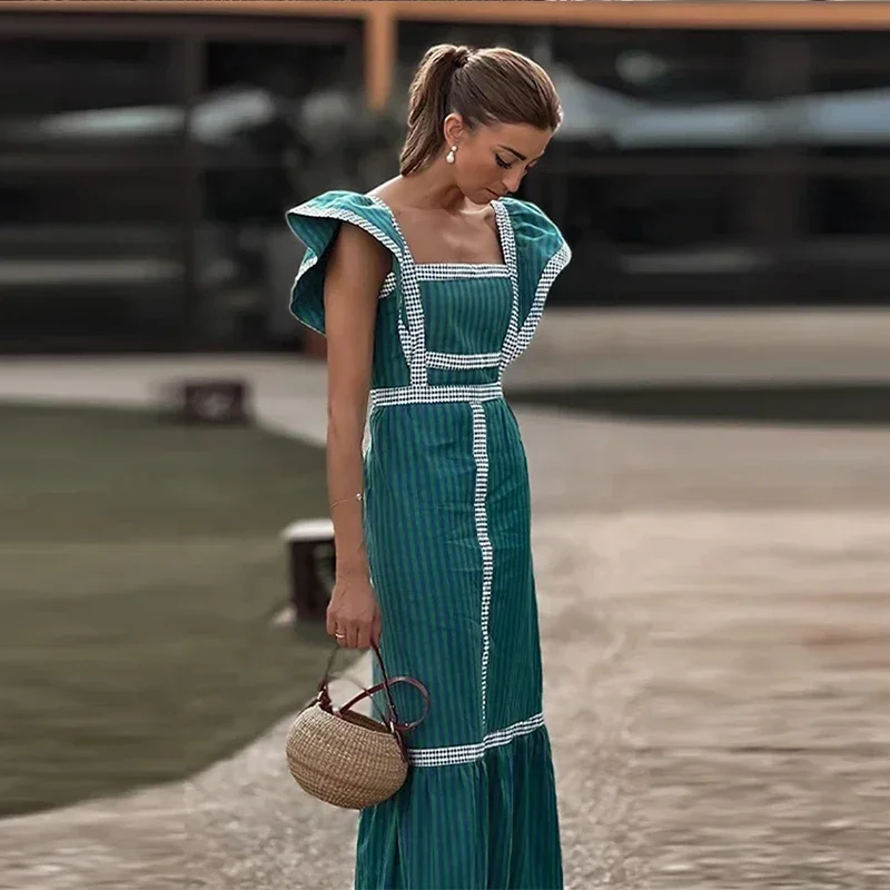 Elegant Flying Sleeve Square Neck Stitching Dress Women Slim Contrast