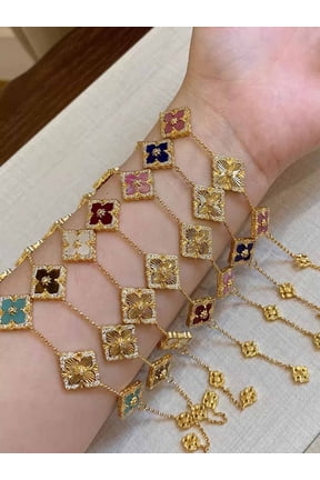 Elegant Four Leaf Clover Gold Bracelet, 5 Lucky Flowers Chain Jewelry Gift for Her Blue Jade Clover