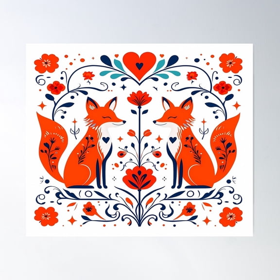 Elegant Fox Mirror Pattern – Symmetrical Woodland Animal Poster Wall Art, Modern Wall Decor For Living Room Bedroom, 8x12 UNFRAMED