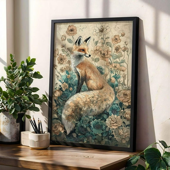 Elegant Fox Wall Art Print Poster Teal and Beige Animal Illustration Vintage Botanical Forest Decor Maximalist Nature Artwork Woodland Print Poster, Size 8x12 UNFFRAMED F03.1.6l1748