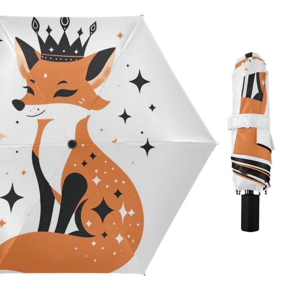 Elegant Fox Wear Crown Stars All Weather Umbrella Triple Folding Parasol 6 Ribs UV Protection Portable