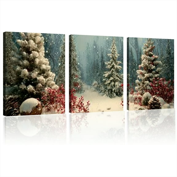 Elegant Frame Christmas Canvas Art - Snowy Pine Trees & Red Berries Scene - Modern Wall Decor for Living Room & Bedroom, Indoor/Outdoor Ready to Hang, Christmas Home Decor 12*16inch*3pcs