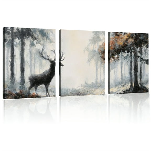 Elegant Framed Canvas Wall Art - Autumn Forest &amp; Deer Scene | Modern Abstract Ink Paintings in Blue, Gray, &amp; White | Ideal for Living Room, Bedroom, Office Decor | Wood Frame 12*16inch*3pcs