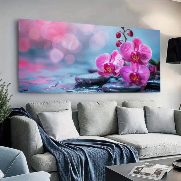 Elegant Framed Canvas Wall Art – Vibrant Pink Orchids on Smooth Stones, 48x24 Inch (120x60cm), Modern Home Decor for Living Room Bedroom Office