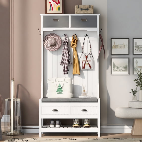 Elegant Freestanding Hall Tree with Coat Rack, Entryway Bench and Shoe Storage, Versatile 4-in-1 Design, 33.5 in. W x 69 in. H