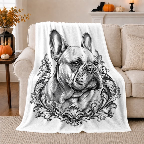 Elegant French Bulldog Portrait Autumn autumn celebration Living Room, Warm Flannel Blanket for Living Room and Bedroom, Peaceful Pet Portrait Pattern, Dog Lovers autumn celebration Gift
